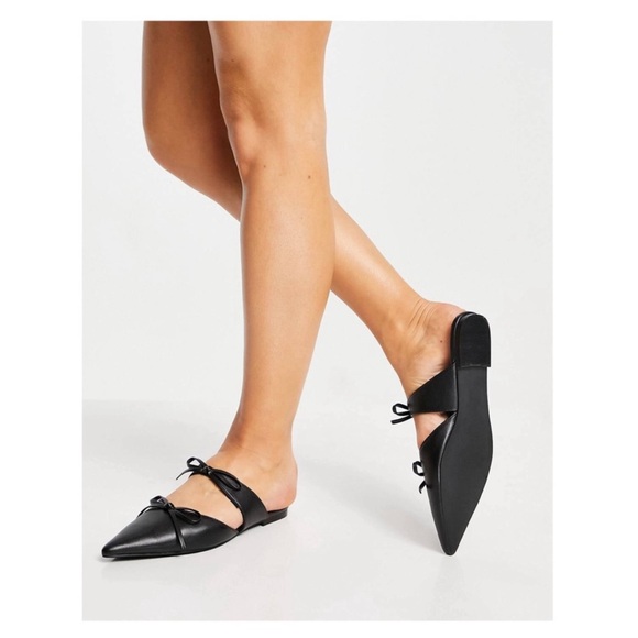 ASOS adorable black faux leather pointed bow slip on flats/mules - Picture 15 of 16